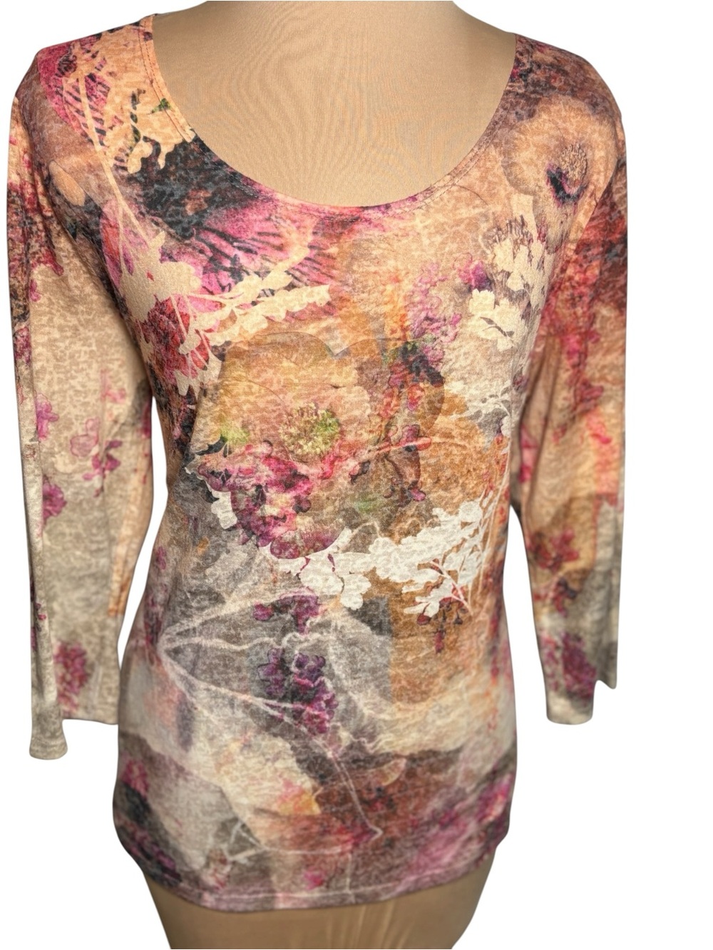 Orvis Floral Scoop Neck Long Sleeve Top Watercolor Print Women's Large